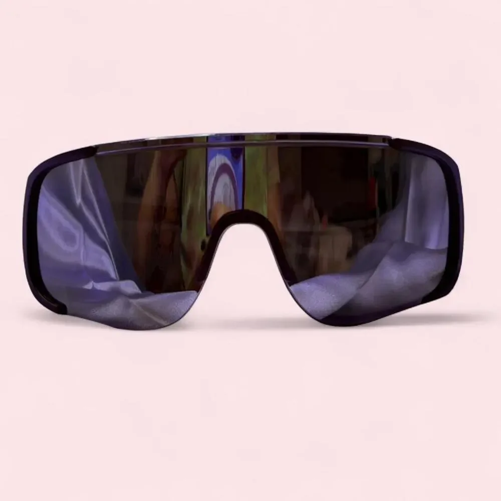 Unisex Black mirrored shield sunglasses with a sleek futuristic wraparound fit